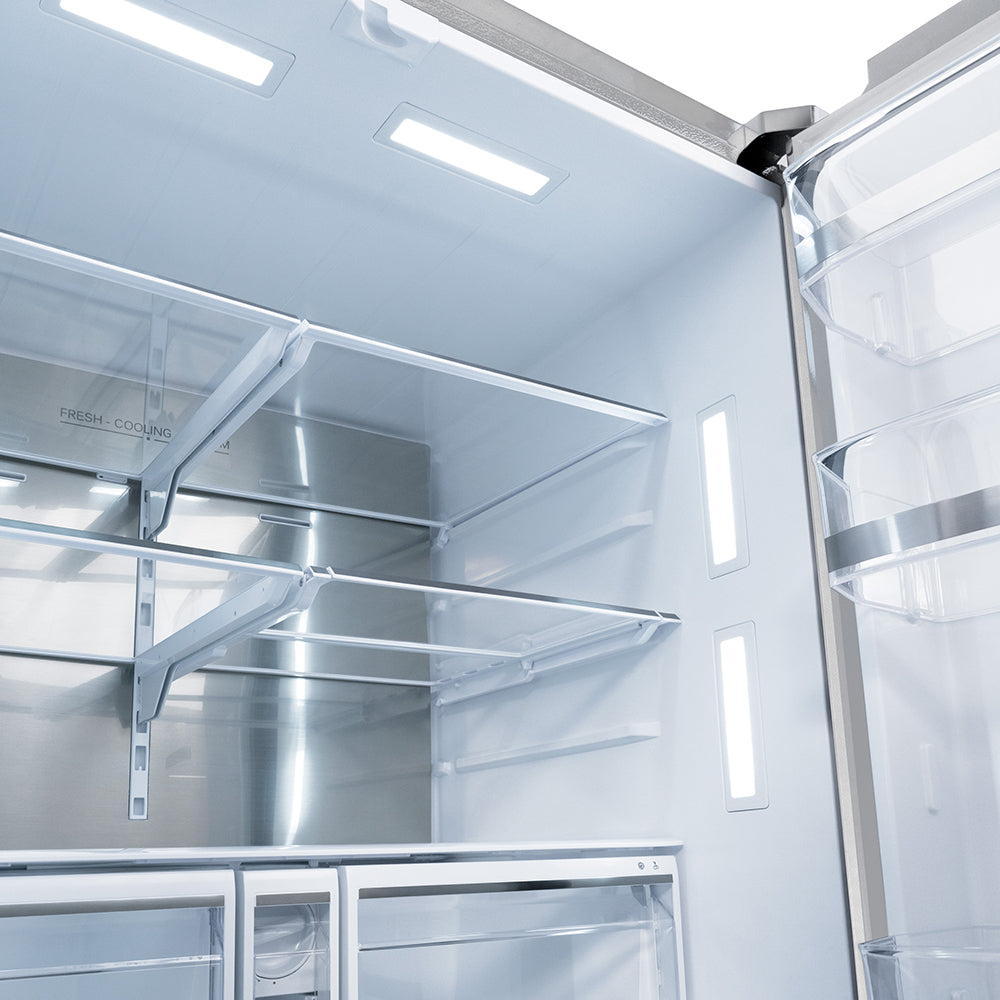 ZLINE 36 in. French Door Refrigerator 28.9 cu. ft. Standard-Depth External Water Dispenser Dual Ice Maker Fingerprint-Resistant Stainless Steel with Polished Gold Helix Handles (RSMZ-W-36-KG)