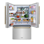 ZLINE 36 in. French Door Refrigerator 28.9 cu. ft. Standard-Depth External Water Dispenser Dual Ice Maker Fingerprint-Resistant Stainless Steel with Polished Gold Helix Handles (RSMZ-W-36-KG)