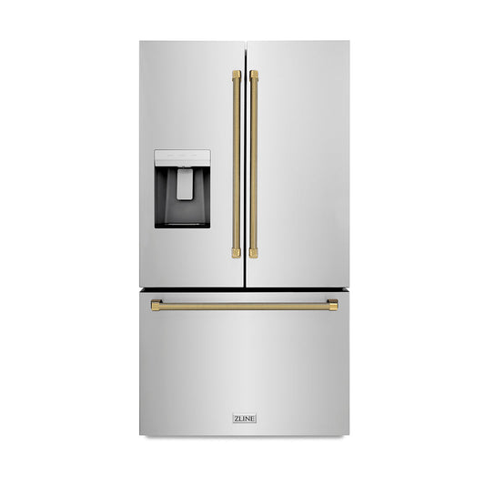 ZLINE 36 in. French Door Refrigerator 28.9 cu. ft. Standard-Depth External Water Dispenser Dual Ice Maker Fingerprint-Resistant Stainless Steel with Polished Gold Helix Handles (RSMZ-W-36-KG)