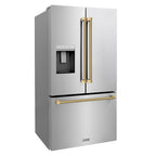 ZLINE 36 in. French Door Refrigerator 28.9 cu. ft. Standard-Depth External Water Dispenser Dual Ice Maker Fingerprint-Resistant Stainless Steel with Polished Gold Helix Handles (RSMZ-W-36-KG)