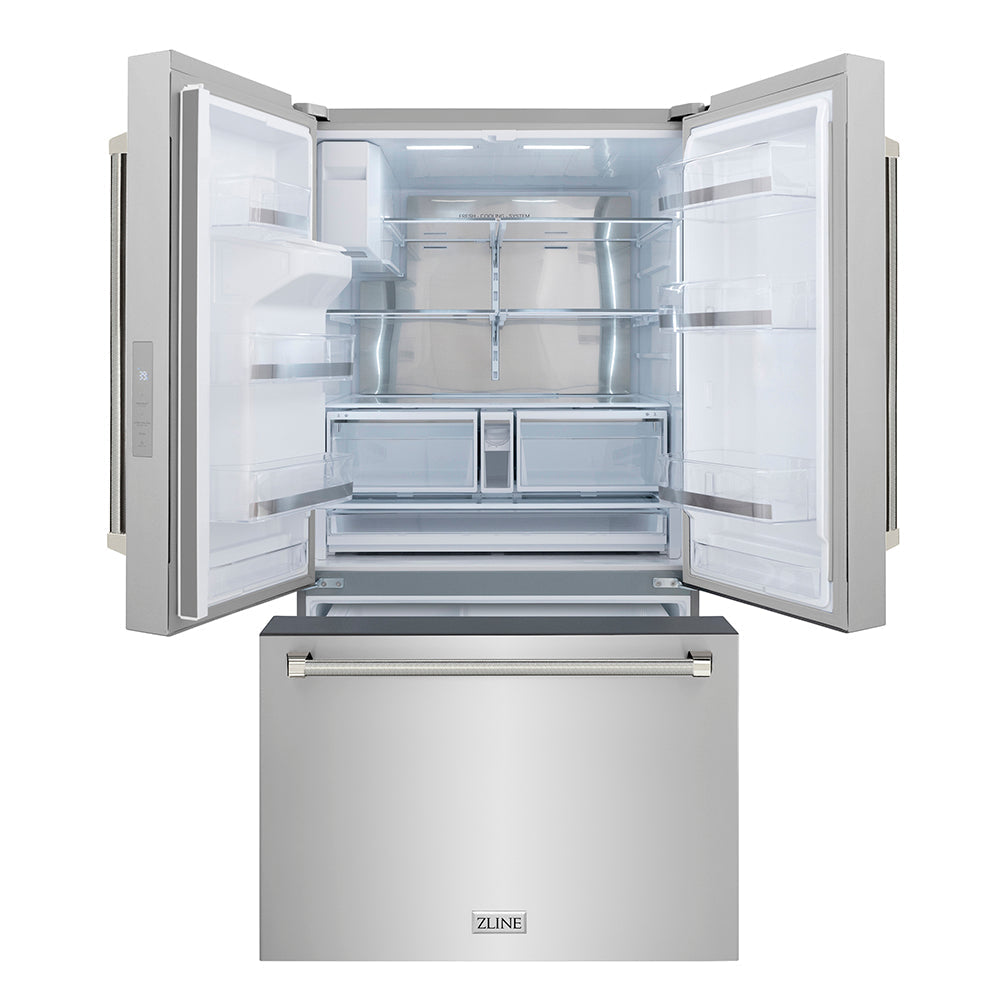 ZLINE 36 in. French Door Refrigerator 28.9 cu. ft. Standard-Depth External Water Dispenser Dual Ice Maker Fingerprint-Resistant Stainless Steel Polished Nickel Helix Handles (RSMZ-W-36-