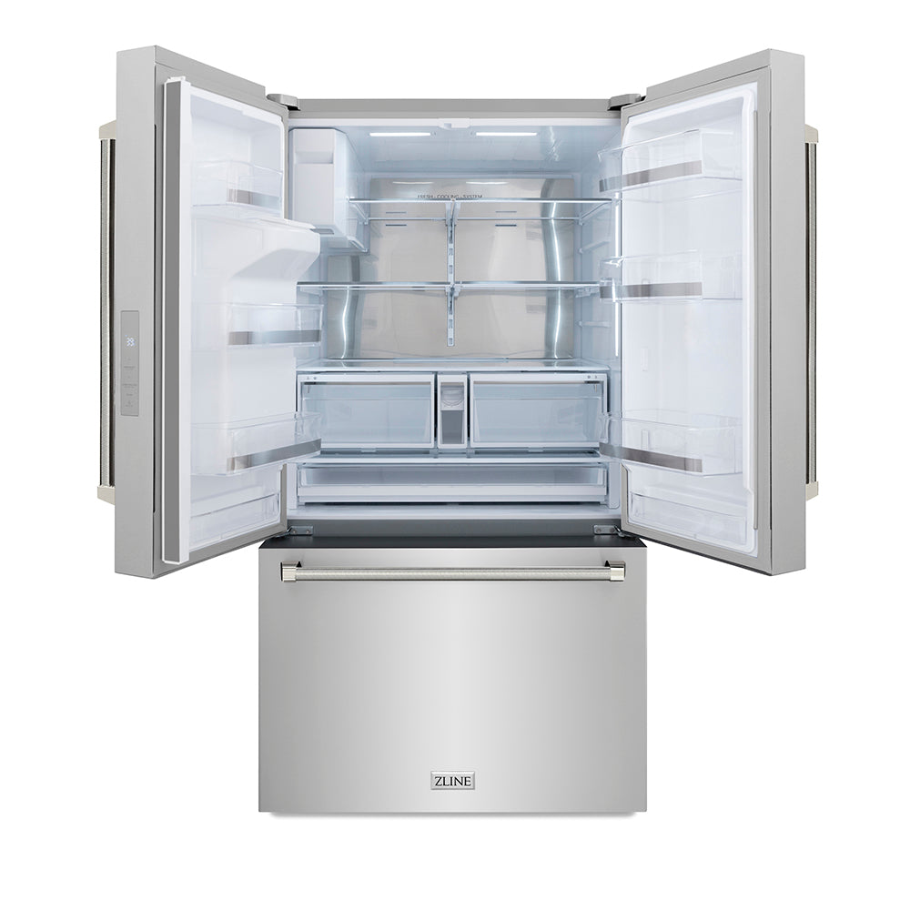 ZLINE 36 in. French Door Refrigerator 28.9 cu. ft. Standard-Depth External Water Dispenser Dual Ice Maker Fingerprint-Resistant Stainless Steel Polished Nickel Helix Handles (RSMZ-W-36-