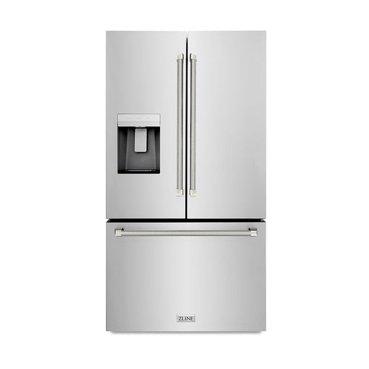 ZLINE 36 in. French Door Refrigerator 28.9 cu. ft. Standard-Depth External Water Dispenser Dual Ice Maker Fingerprint-Resistant Stainless Steel Polished Nickel Helix Handles (RSMZ-W-36-