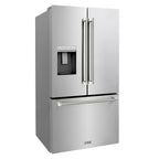 ZLINE 36 in. French Door Refrigerator 28.9 cu. ft. Standard-Depth External Water Dispenser Dual Ice Maker Fingerprint-Resistant Stainless Steel Polished Nickel Helix Handles (RSMZ-W-36-