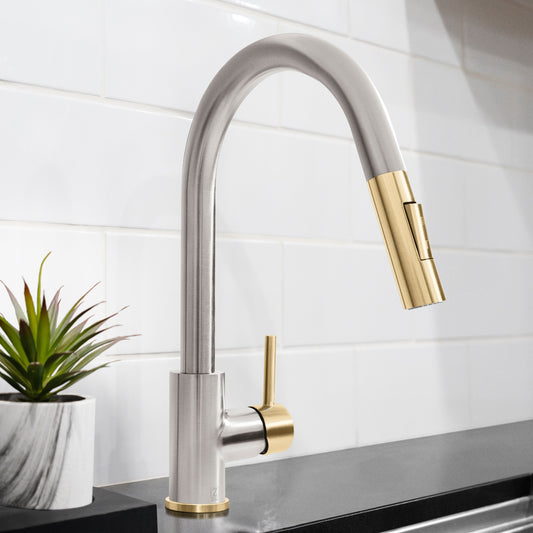 ZLINE Autograph Gemini Pull Down Single Handle Kitchen Faucet in Brushed Nickel and Champagne Bronze, GEM-KF-ZBNCB
