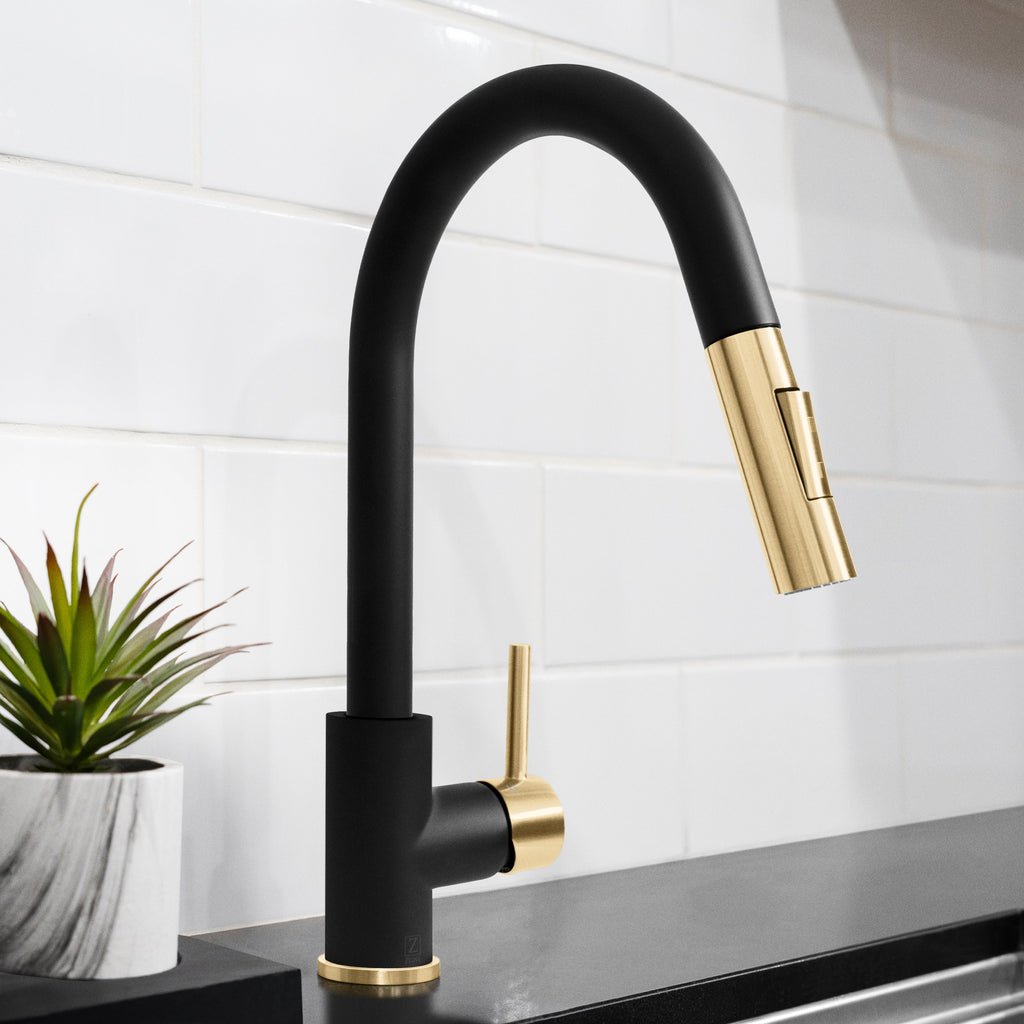 ZLINE Autograph Gemini Pull Down Single Handle Kitchen Faucet in Matte Black and Champagne Bronze, GEM-KF-ZMBCB