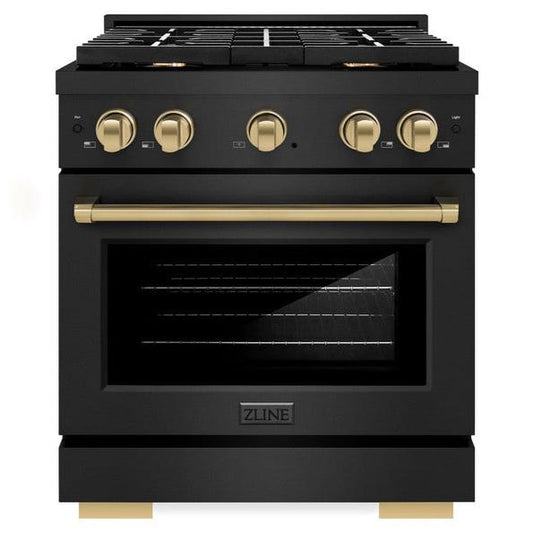 ZLINE Autograph Edition 30 in. Paramount Dual Fuel Range with 4 Gas Burners and Electric Convection Oven, 4.2 cu. ft., Black Stainless Steel with Champagne Bronze Accents (SDRBZ-30-CB)