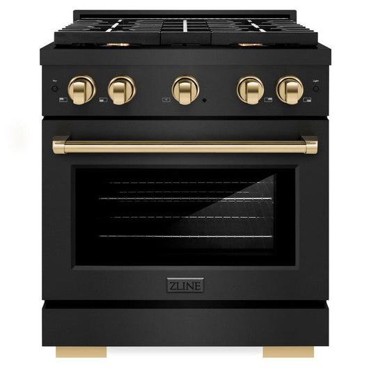 ZLINE Autograph Edition 30 in. 4.2 cu. ft. Paramount Dual Fuel Range with 4 Burner Gas Cooktop and Electric Convection Oven in Black Stainless Steel with Polished Gold Accents (SDRBZ-30-G)