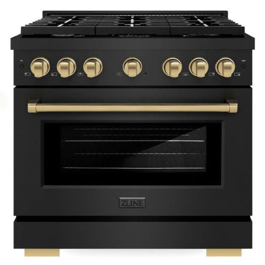 ZLINE Autograph Edition 36 in. 5.2 cu. ft. Paramount Dual Fuel Range with 6 Burner Gas Cooktop and Electric Convection Oven in Black Stainless Steel with Champagne Bronze Accents (SDRBZ-36-CB)