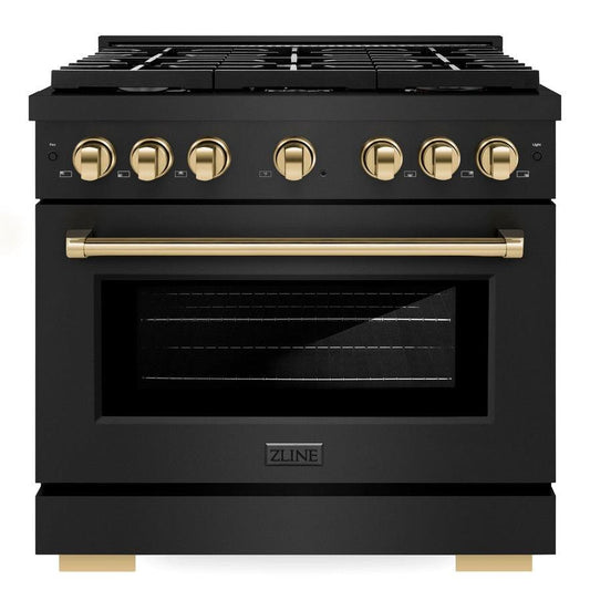 ZLINE Autograph Edition 36 in. Paramount Dual Fuel Range, 5.2 cu. ft. Oven, 6 Burner Gas Cooktop, Black Stainless Steel with Polished Gold Accents (SDRBZ-36-G)