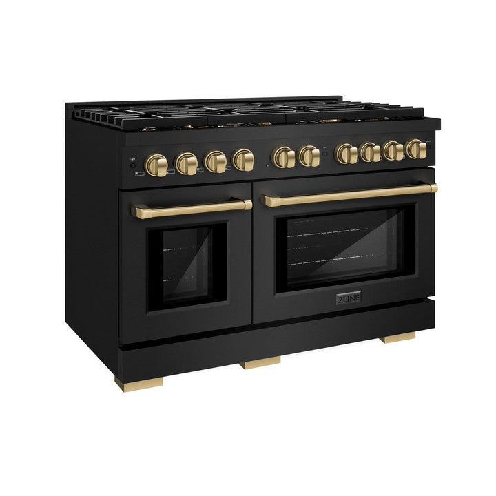ZLINE Autograph Edition 48 in. Paramount Double Oven Dual Fuel Range with 8 Gas Burners in Black Stainless Steel with Champagne Bronze Accents, 6.7 cu. ft., SDRBZ-48-CB