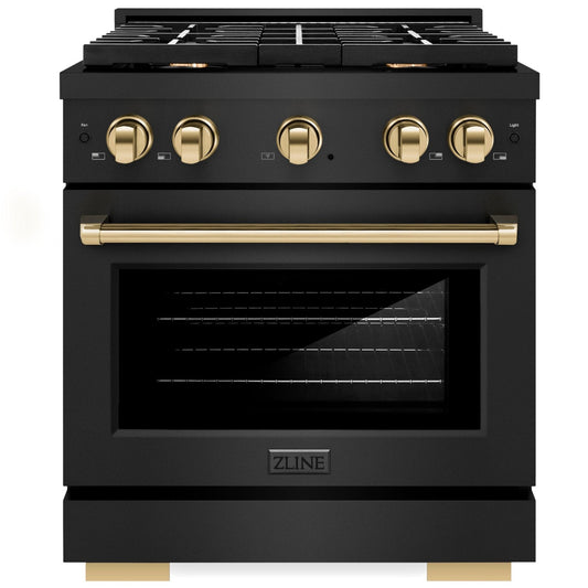 ZLINE Autograph Edition 30 in. 4.2 cu. ft. Paramount Gas Range with 4 Burner Cooktop and Convection Gas Oven in Black Stainless Steel with Gold Accents (SGRBZ-30-G)