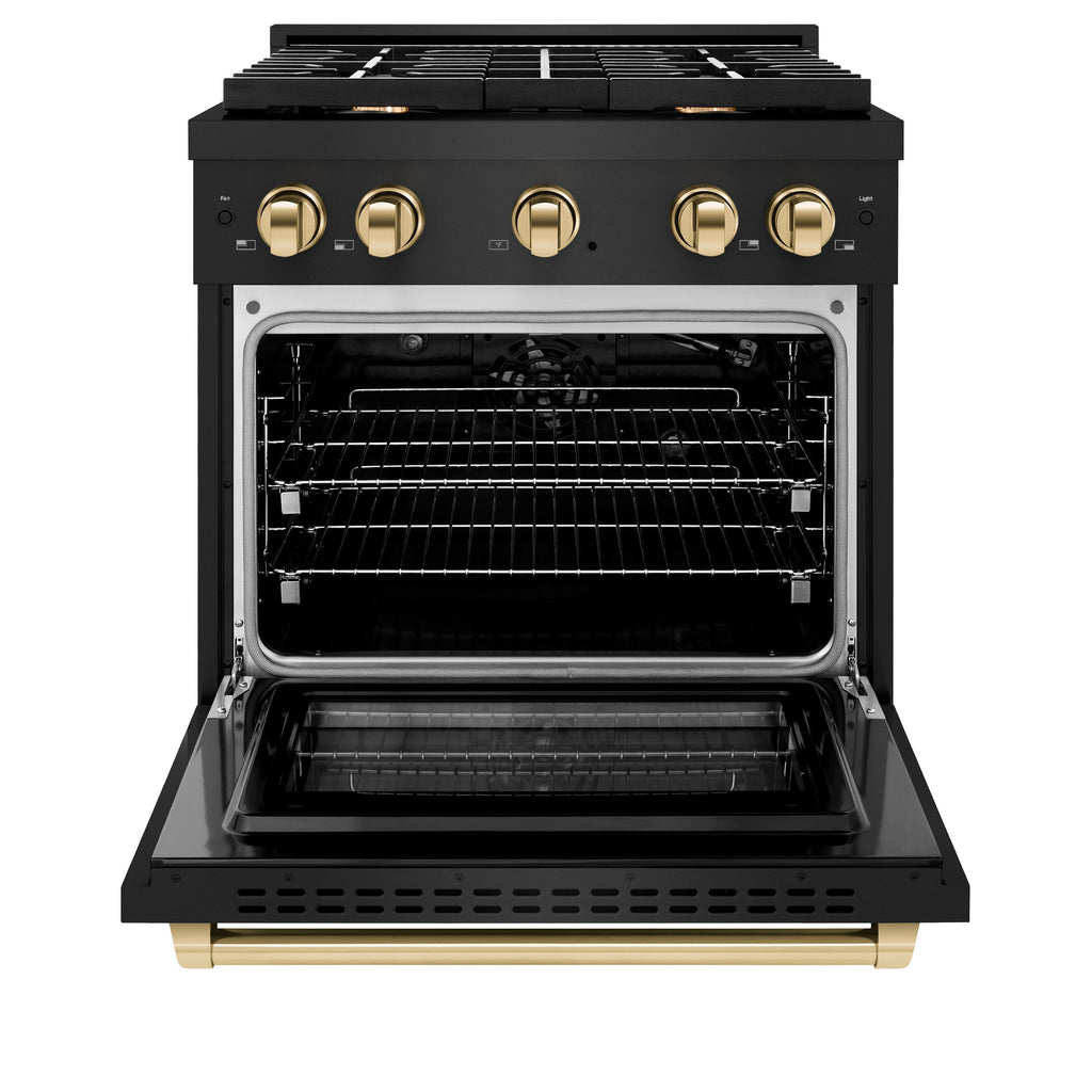 ZLINE Autograph Edition 30 in. 4.2 cu. ft. Paramount Gas Range with 4 Burner Cooktop and Convection Gas Oven in Black Stainless Steel with Gold Accents (SGRBZ-30-G)