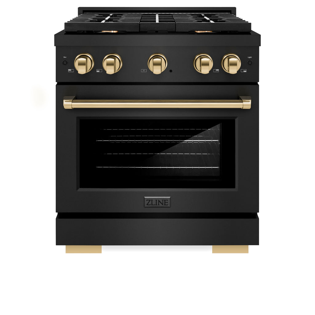ZLINE Autograph Edition 30 in. 4.2 cu. ft. Paramount Gas Range with 4 Burner Cooktop and Convection Gas Oven in Black Stainless Steel with Gold Accents (SGRBZ-30-G)