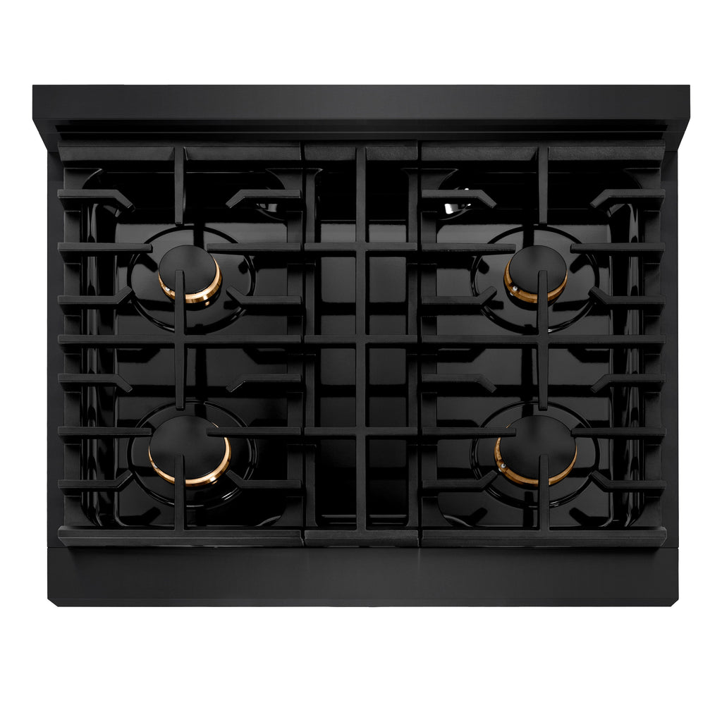 ZLINE Autograph Edition 30 in. 4.2 cu. ft. Paramount Gas Range with 4 Burner Cooktop and Convection Gas Oven in Black Stainless Steel with Gold Accents (SGRBZ-30-G)
