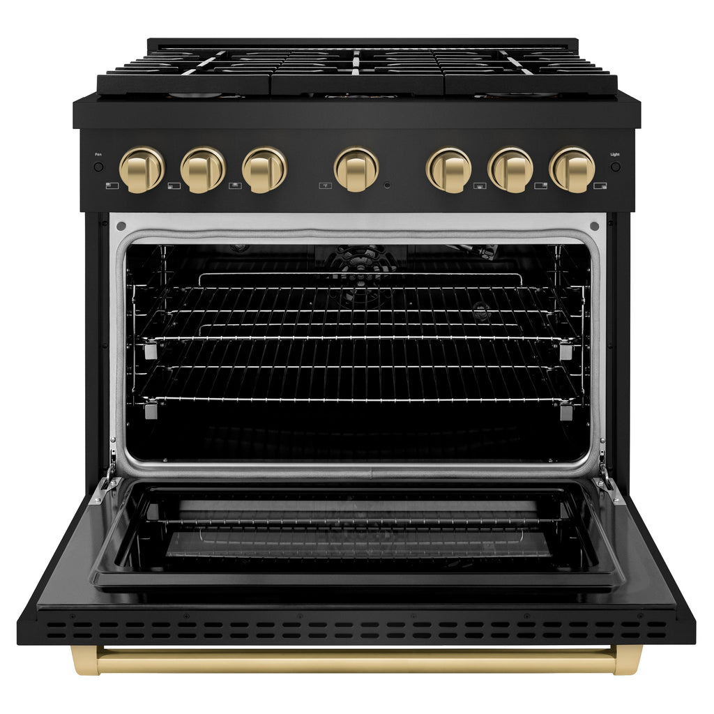 ZLINE Autograph Edition 36 in. 5.2 cu. ft. Gas Range with 6 Burners and Convection Gas Oven in Black Stainless Steel with Bronze Accents (Model SGRBZ-36-CB)