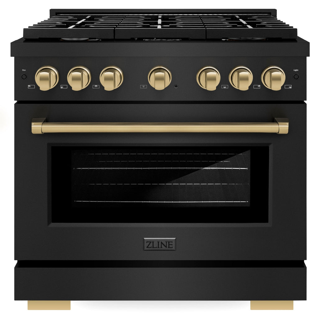 ZLINE Autograph Edition 36 in. 5.2 cu. ft. Gas Range with 6 Burners and Convection Gas Oven in Black Stainless Steel with Bronze Accents (Model SGRBZ-36-CB)