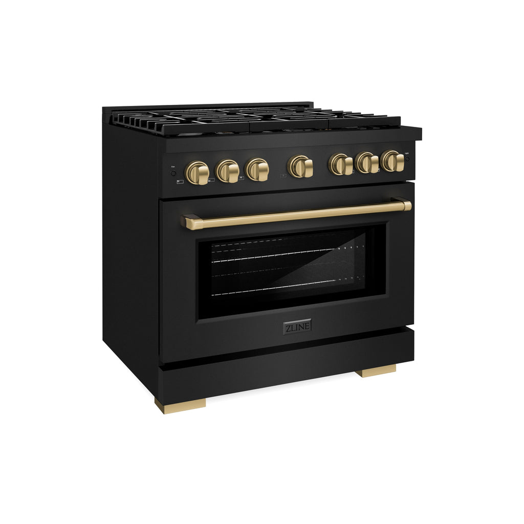 ZLINE Autograph Edition 36 in. 5.2 cu. ft. Gas Range with 6 Burners and Convection Gas Oven in Black Stainless Steel with Bronze Accents (Model SGRBZ-36-CB)