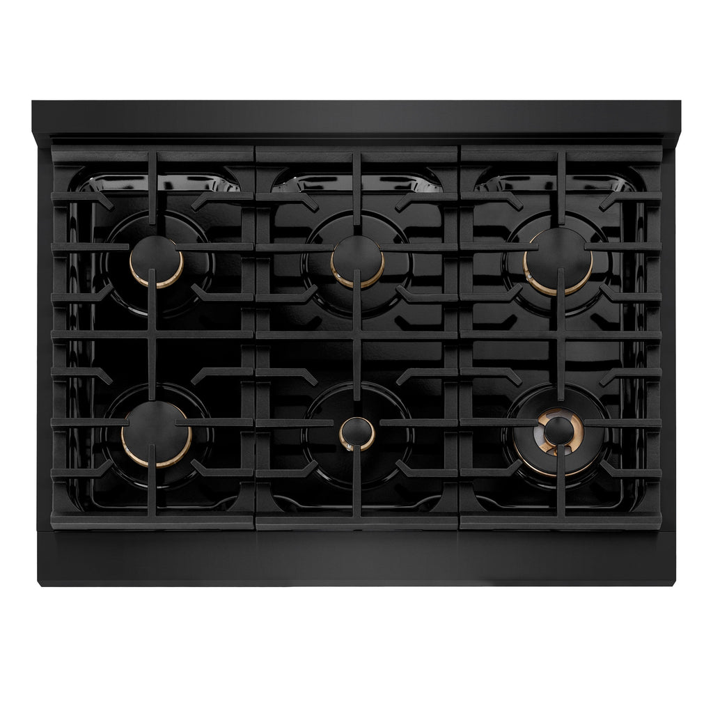 ZLINE Autograph Edition 36 in. 5.2 cu. ft. Gas Range with 6 Burners and Convection Gas Oven in Black Stainless Steel with Bronze Accents (Model SGRBZ-36-CB)