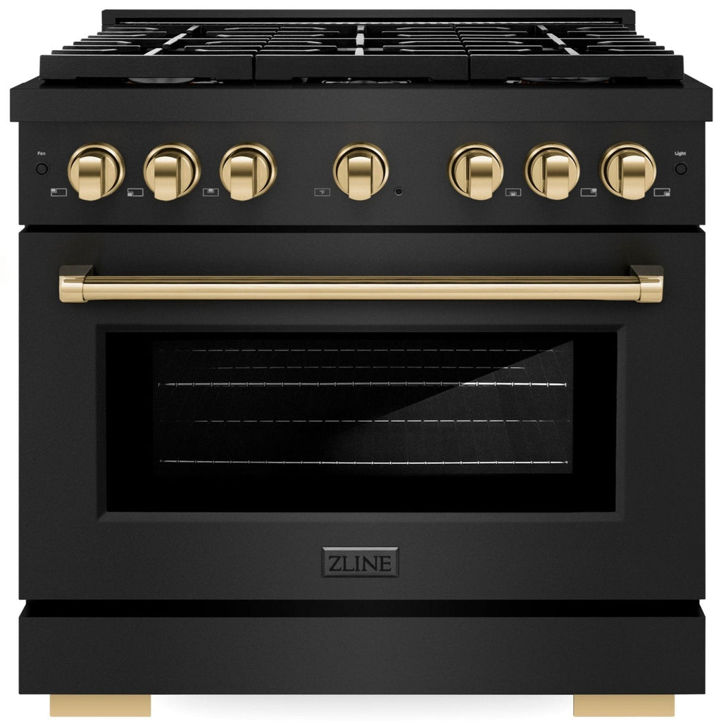 ZLINE Autograph Edition 36 in. 5.2 cu. ft. Paramount Gas Range with 6 Burners and Convection Gas Oven in Black Stainless Steel with Gold Accents (SGRBZ-36-G)