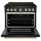 ZLINE Autograph Package - 36 In. Gas Range, Range Hood in Black Stainless Steel with Gold, 2AKP-RGBRH36-G