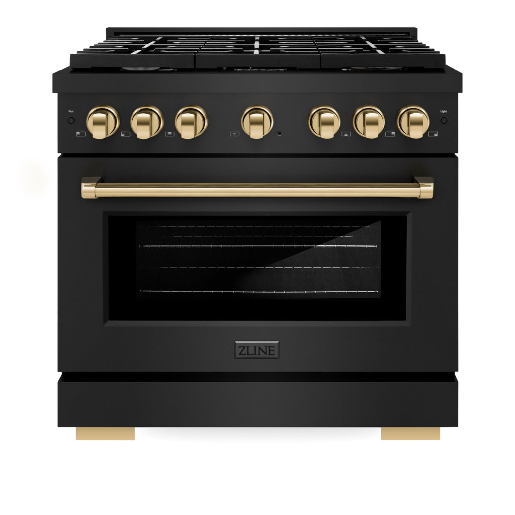 ZLINE Autograph Edition 36 in. 5.2 cu. ft. Paramount Gas Range with 6 Burners and Convection Gas Oven in Black Stainless Steel with Gold Accents (SGRBZ-36-G)