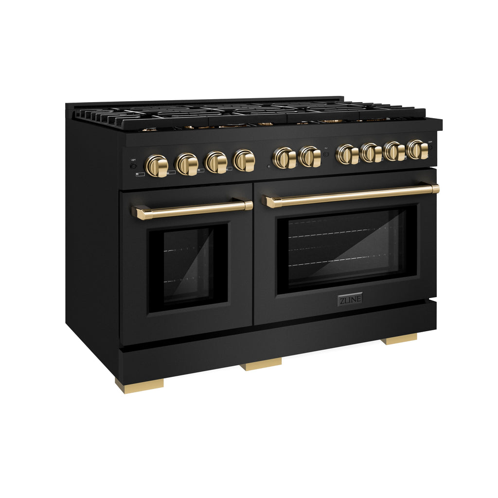 ZLINE Autograph Edition 48 in. 6.7 cu. ft. Paramount Double Oven Gas Range with 8 Burners in Black Stainless Steel with Gold Accents (SGRBZ-48-G)