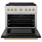 ZLINE Autograph Edition 36 in. Paramount Dual Fuel Range with 6 Gas Burners, 5.2 cu. ft. Electric Convection Oven, Satin Stainless Steel with Black Matte Door and Champagne Bronze Accents (SDRSZ-BLM-36-CB)