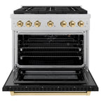 ZLINE Autograph Edition 36 in. Paramount Dual Fuel Range, 5.2 cu. ft., 6 Burner Gas Cooktop with Electric Convection Oven, Satin Stainless Steel with Black Matte Door and Polished Gold Accents (SDRSZ-BLM-36-G)
