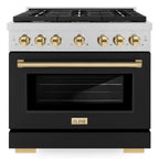 ZLINE Autograph Edition 36 in. Paramount Dual Fuel Range, 5.2 cu. ft., 6 Burner Gas Cooktop with Electric Convection Oven, Satin Stainless Steel with Black Matte Door and Polished Gold Accents (SDRSZ-BLM-36-G)