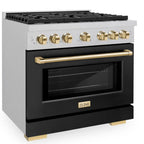 ZLINE Autograph Edition 36 in. Paramount Dual Fuel Range, 5.2 cu. ft., 6 Burner Gas Cooktop with Electric Convection Oven, Satin Stainless Steel with Black Matte Door and Polished Gold Accents (SDRSZ-BLM-36-G)