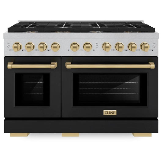 ZLINE Autograph Edition 48 in. 6.7 cu. ft. Paramount Double Oven Dual Fuel Range with 8 Gas Burners in Satin Stainless Steel with Black Matte Doors and Champagne Bronze Accents (SDRSZ-BLM-48-CB)