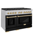 ZLINE Autograph Edition 48 in. Paramount Double Oven Dual Fuel Range, 6.7 cu. ft., 8 Burner Gas Cooktop, Satin Stainless Steel with Black Matte Doors and Polished Gold Accents (SDRSZ-BLM-48-G)
