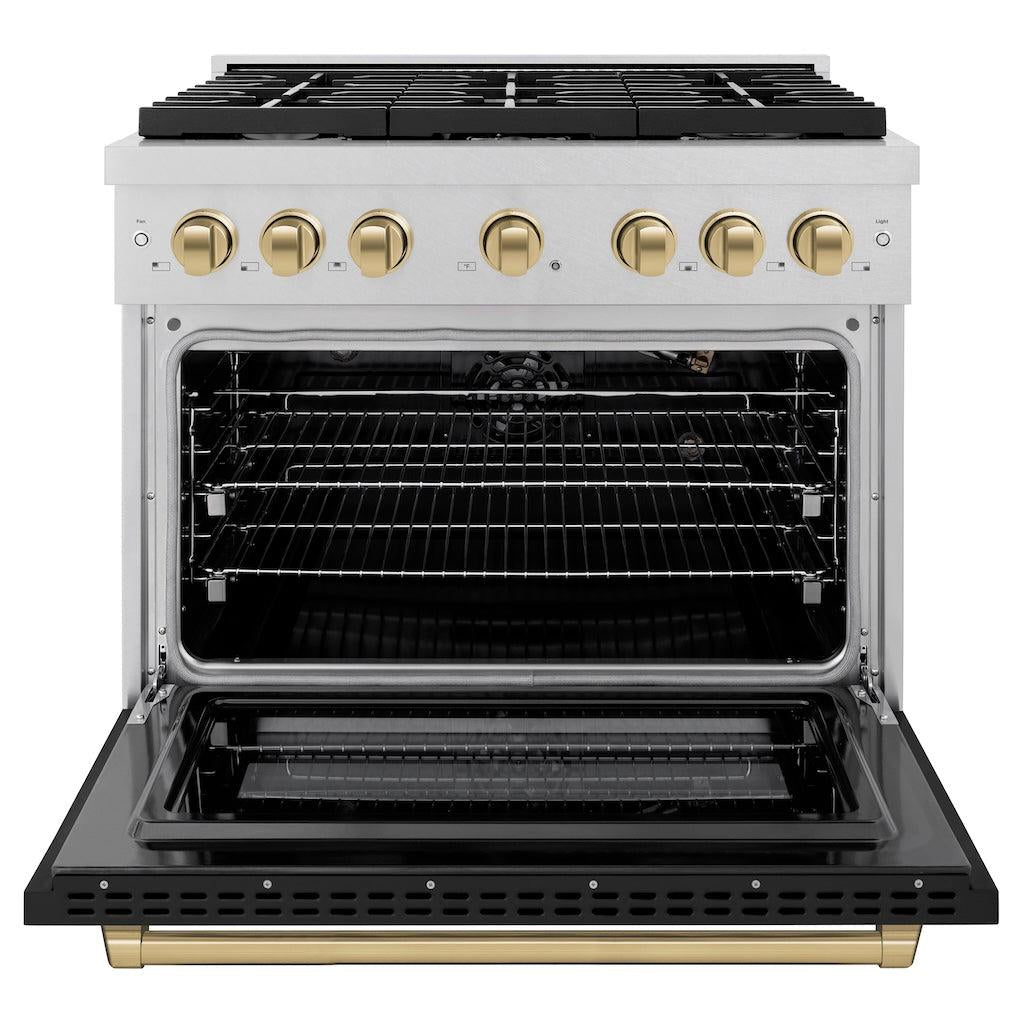 ZLINE Autograph Edition 36 in. 5.2 cu. ft. Gas Range with 6 Burners and Convection Oven in Satin Stainless Steel with Black Matte Door and Champagne Bronze Accents (SGRSZ-BLM-36-CB)
