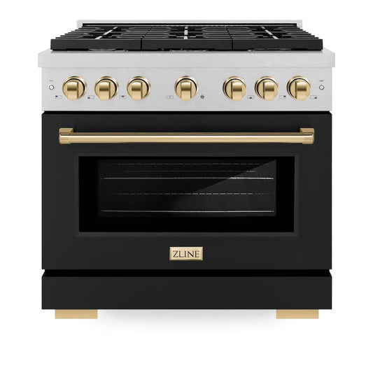 ZLINE Autograph Edition 36 in. 5.2 cu. ft. Paramount Gas Range with 6 Burners, Convection Gas Oven, Satin Stainless Steel with Black Matte Door and Polished Gold Accents (SGRSZ-BLM-36-G)