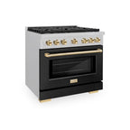 ZLINE Autograph Edition 36 in. 5.2 cu. ft. Paramount Gas Range with 6 Burners, Convection Gas Oven, Satin Stainless Steel with Black Matte Door and Polished Gold Accents (SGRSZ-BLM-36-G)