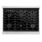 ZLINE Autograph Edition 36 in. 5.2 cu. ft. Paramount Gas Range with 6 Burners, Convection Gas Oven, Satin Stainless Steel with Black Matte Door and Polished Gold Accents (SGRSZ-BLM-36-G)
