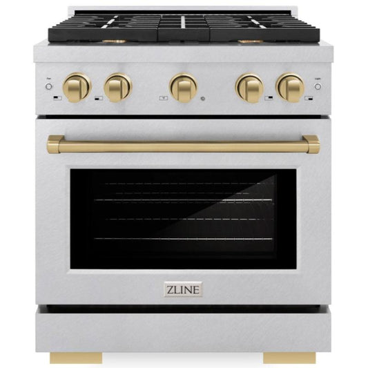 ZLINE Autograph Edition 30 in. Paramount Dual Fuel Range 4.2 cu. ft., 4 Gas Burners, Electric Convection Oven, Satin Stainless Steel with Champagne Bronze Accents, SDRSZ-30-CB