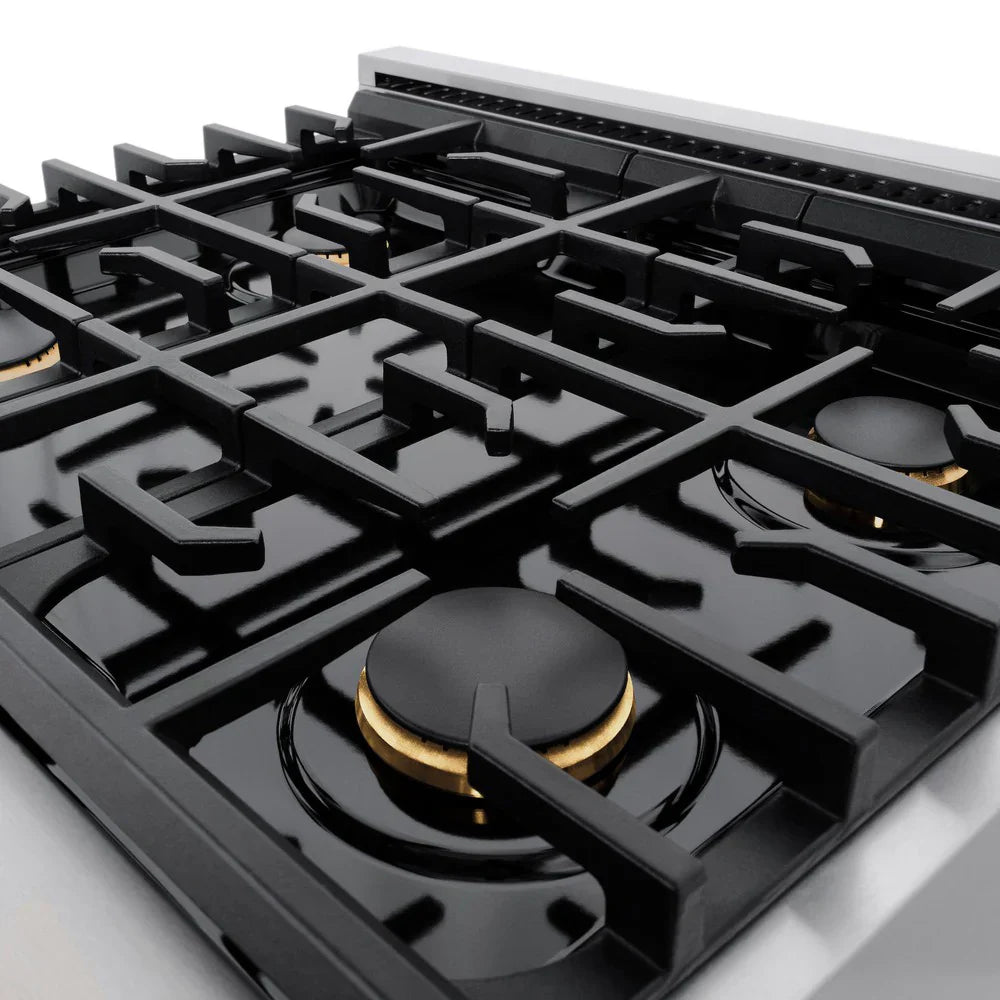 ZLINE Autograph 30 in. Paramount Dual Fuel Range with 4 Burner Gas Cooktop and Electric Convection Oven in Satin Stainless Steel with Polished Gold Accents, 4.2 cu. ft., SDRSZ-30-G