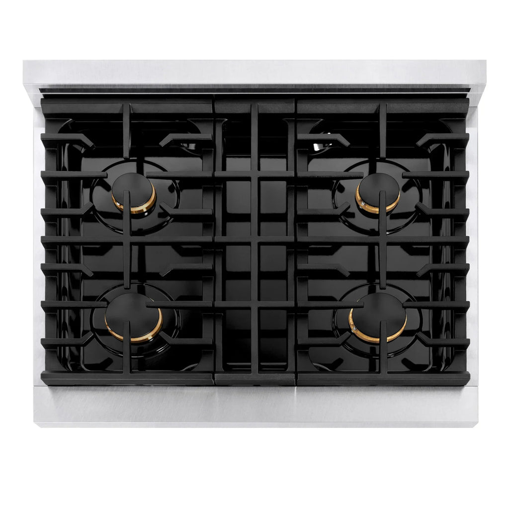 ZLINE Autograph 30 in. Paramount Dual Fuel Range with 4 Burner Gas Cooktop and Electric Convection Oven in Satin Stainless Steel with Polished Gold Accents, 4.2 cu. ft., SDRSZ-30-G