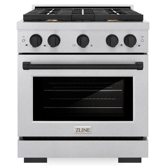 ZLINE Autograph Edition 30 in. Paramount Dual Fuel Range, 4.2 cu. ft. Electric Convection Oven, 4 Gas Burners, Satin Stainless Steel with Matte Black Accents (SDRSZ-30-MB)
