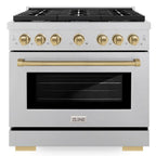 ZLINE Autograph Edition 36 in. Paramount Dual Fuel Range, 5.2 cu. ft., 6 Burner Gas Cooktop with Electric Convection Oven, Satin Stainless Steel with Champagne Bronze Accents (SDRSZ-36-CB)