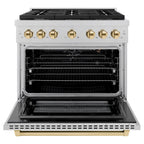 ZLINE Autograph Edition 36 in. Paramount Dual Fuel Range, 5.2 cu. ft. Electric Convection Oven, 6-Burner Gas Cooktop, Satin Stainless Steel with Polished Gold Accents (SDRSZ-36-G)
