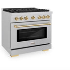 ZLINE Autograph Edition 36 in. Paramount Dual Fuel Range, 5.2 cu. ft. Electric Convection Oven, 6-Burner Gas Cooktop, Satin Stainless Steel with Polished Gold Accents (SDRSZ-36-G)