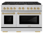 ZLINE Autograph Edition 48 in. Paramount Double Oven Dual Fuel Range, 6.7 cu. ft., 8 Gas Burners, Electric Convection Oven, Satin Stainless Steel with Champagne Bronze Accents (SDRSZ-48-CB)