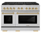 ZLINE Autograph 48 in. Paramount Double Oven Dual Fuel Range, 6.7 cu. ft., 8 Burner Gas Cooktop, Electric Convection Ovens, Satin Stainless Steel with Polished Gold Accents (SDRSZ-48-G)