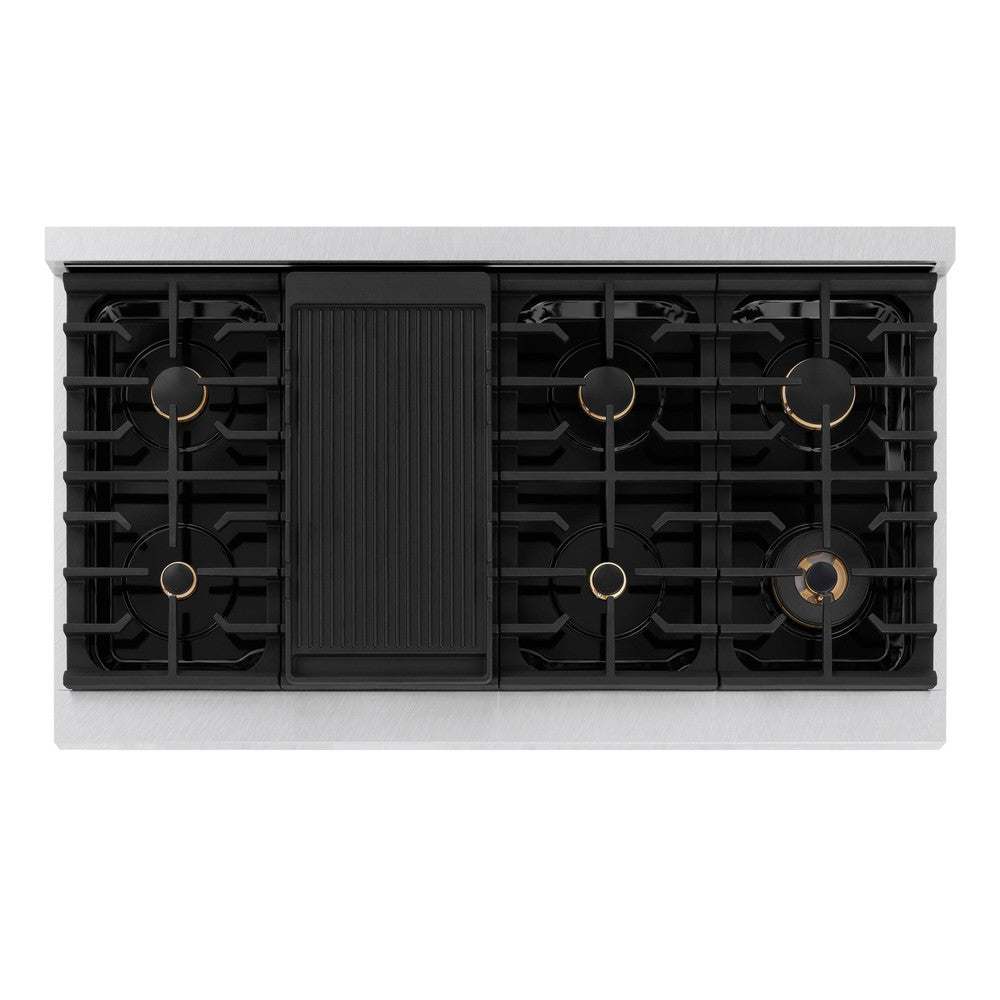 ZLINE Autograph 48 in. Paramount Double Oven Dual Fuel Range, 6.7 cu. ft., 8 Burner Gas Cooktop, Electric Convection Ovens, Satin Stainless Steel with Polished Gold Accents (SDRSZ-48-G)