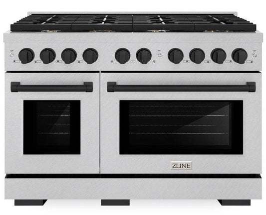 ZLINE Autograph Edition 48 in. Paramount Double Oven Dual Fuel Range with 8 Burner Gas Cooktop, 6.7 cu. ft., Satin Stainless Steel with Matte Black Accents (SDRSZ-48-MB)