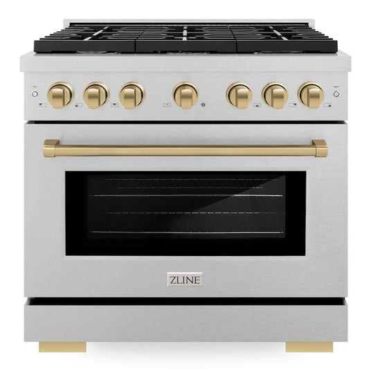 ZLINE Autograph Edition 36 in. 5.2 cu. ft. Paramount Gas Range with 6 Burners, Convection Gas Oven, Satin Stainless Steel with Champagne Bronze Accents (SGRSZ-36-CB)