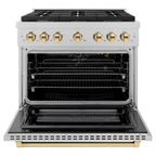 ZLINE Autograph Edition 36 in. 5.2 cu. ft. Paramount Gas Range with 6 Burners and Convection Oven in Satin Stainless Steel with Polished Gold Accents (SGRSZ-36-G)